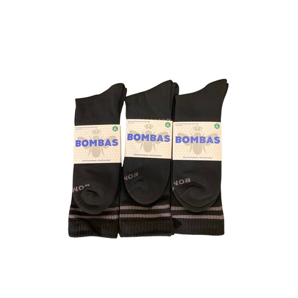Bombas Other - Bombas Mens Crew Socks 3 Pairs Black Grey Striped Honeycomb Arch Support XL NEW